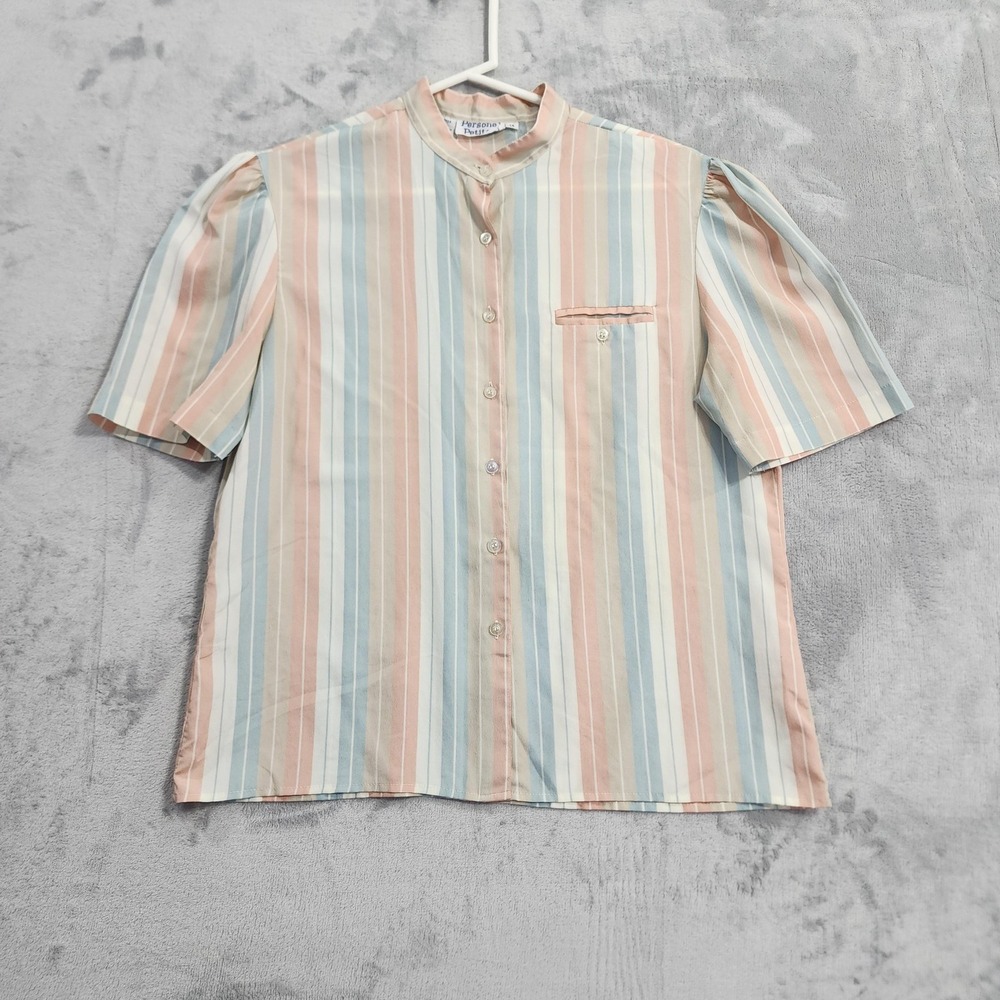 Vintage Personal Petites Top Women L Pastel Striped Mandarin Collar Short Sleeve